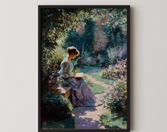 Impressionist Woman Reading Art Print: Cottagecore Garden Scene (Digital Download)
