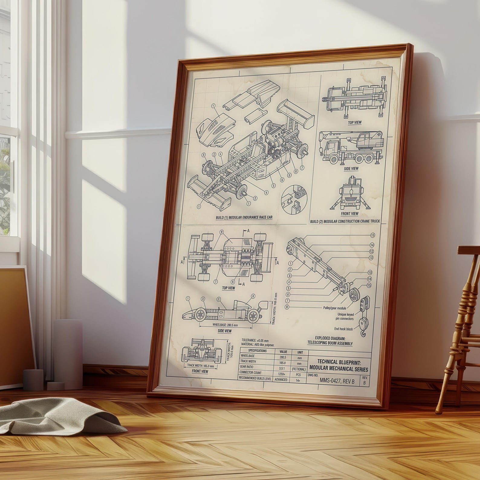 Vintage Technical Mechanical Blueprint Poster Race Car Crane ...