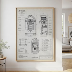 Peut inclure: Un plan technique imprimé d'un juke-box Wurlitzer modèle 1015 Bubbler. L'affiche présente des dessins au trait noir sur un fond beige clair, montrant des vues de face, de côté et arrière, ainsi que des spécifications détaillées et une liste de pièces.
