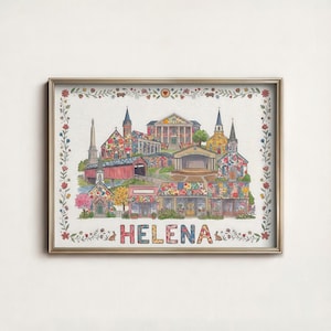 Può includere: Una stampa incorniciata con un'illustrazione colorata di un paesaggio urbano. L'opera raffigura vari edifici, tra cui chiese e negozi, adornati con motivi floreali. La parola "HELENA" è visualizzata in basso, circondata da accenti floreali.