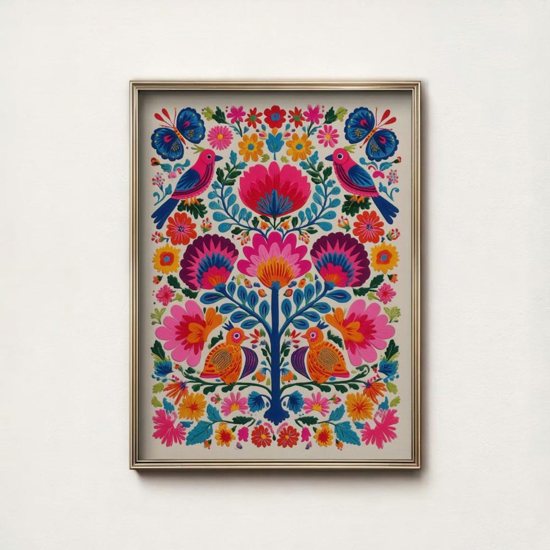 Mexican Folk Art Print Colorful Birds and Flowers, Bohemian Tree of ...