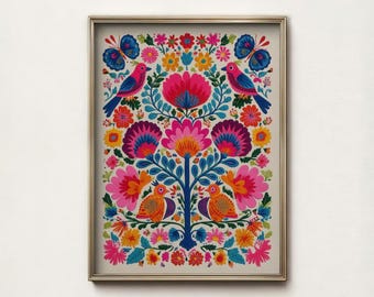 Mexican Folk Art Print Colorful Birds and Flowers, Bohemian Tree of Life Wall Decor