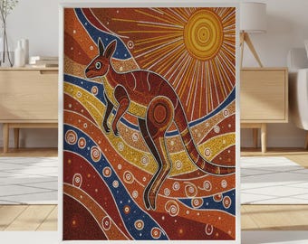 アボリジニアート風 絵画 額縁付き カンガルーと月　スプレーアート アボリジニアートプリント カンガルー 壁飾り オーストラリアのドット