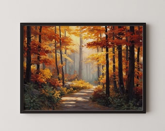 Vintage herfstbos muurdecoratie, herfstlandschap print, olieverfschilderijstijl, digitale download