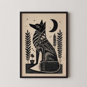 Impresión de zorro en linóleo negro con luna celestial, arte popular, descarga