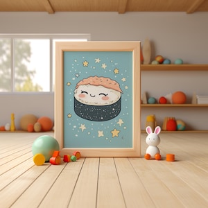 Kawaii Wandkunst Sleeping Sushi Print - Japanisches Essen als Dekoration für Küche, Esszimmer, Kinderzimmer und Geschenk für Teenager