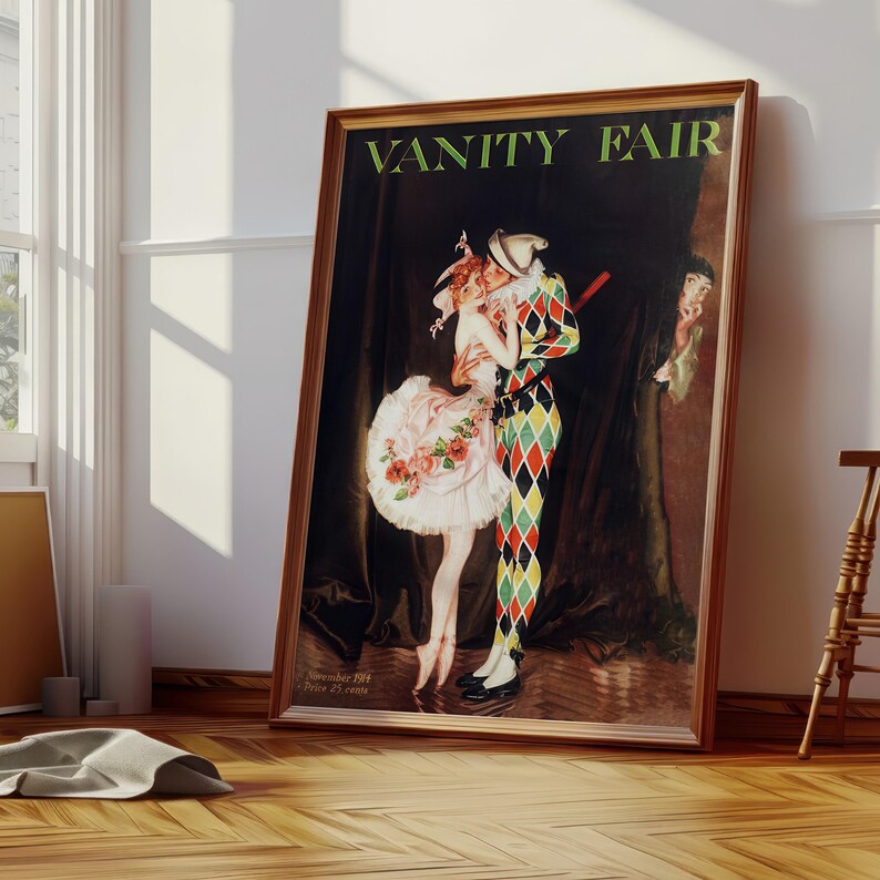 The Harlequin and ballerina art print in a simple black frame, adding a touch of vintage elegance to a modern bedroom nightstand.