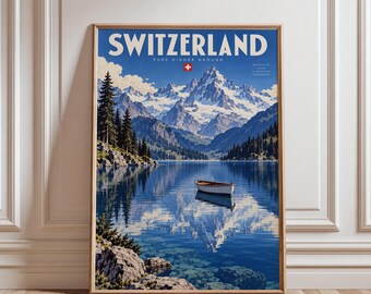 Switzerland Travel Poster, Swiss Alps Lake Wall Art, Vintage Mountain Landscape Print, Scandinavian Cabin Decor, Digital Download