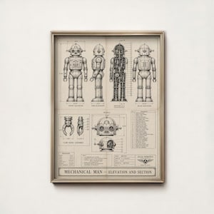 May include: A framed technical blueprint print titled Mechanical Man - Elevation and Section. It displays four views of a robot, detailed mechanical components, and a parts list. The design features black line drawings on a beige background.