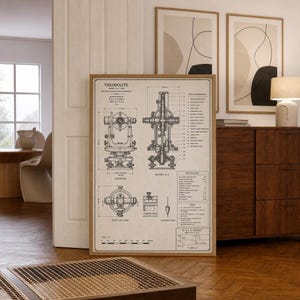 May include: A framed technical print featuring a detailed black and white engineering drawing of a W. & L. E. Gurley theodolite. The poster displays multiple views, including elevation, plan, and section, with technical specifications and labels.
