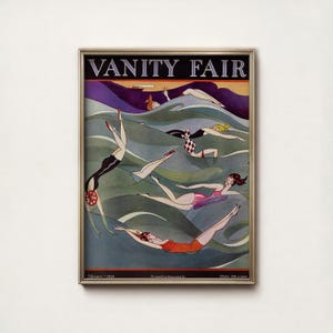 Może przedstawiać: Oprawiona okładka magazynu "Vanity Fair" z lutego 1924 roku. Ilustracja w stylu art déco przedstawia kilka postaci pływających w stylizowanym oceanie. Postacie mają na sobie stroje kąpielowe w różnych kolorach, w tym czerwonym, czarnym i różowym.