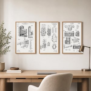 Conjunto de 3 pôsteres vintage com patentes de câmeras: Câmera Reflex de Duas Lentes, Câmera com Fole Dobrável e Câmera de Telêmetro (Download Digital)