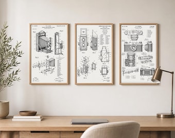 Vintage Camera Patent Print Set of 3, Twin Lens Reflex, Folding Bellows & Rangefinder Wall Art (Digital Download)