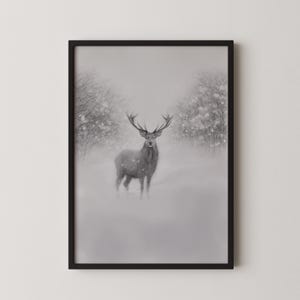 Majestic Deer Drawing Print, Black and White Pencil Sketch, Woodland Wildlife Art, Instant Digital Download, Rustic Nature Home Decor