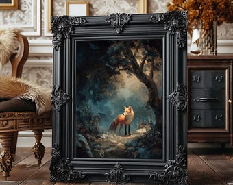 Vintage Fox Wall Art Print, Woodland Fox Digital Download, Dark Cottagecore Forest Decor