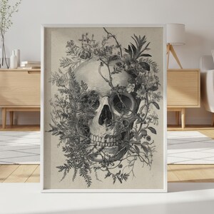 Memento mori artistic sketch of a skull entwined with organic plant life on textured beige background.