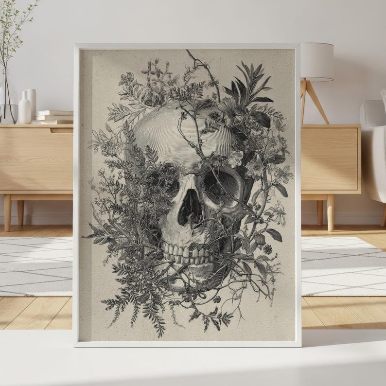 Memento mori artistic sketch of a skull entwined with organic plant life on textured beige background.