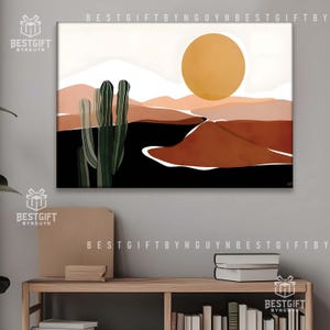 Wüstensonne Minimalistische Leinwand Wandkunst - Boho Landschaft im Südwesten, Erdfarben Kaktus Poster, moderne, warme Natur Dekoration