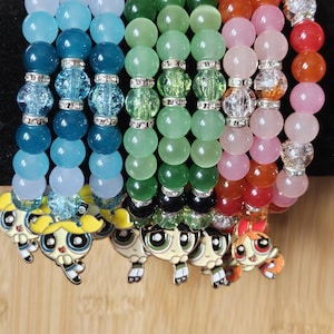 Power Puff Girls Female Super Heros Beaded Bracelet 8mm Glass Bead Elastic Bracelet