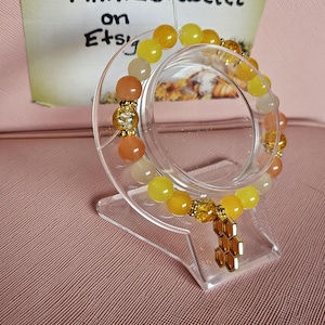 Yellow Honeycomb Bumblebee  Charm Gold accents Beaded Bracelet 8mm Glass Bead Elastic Bracelet