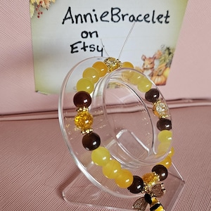 Yellow and Brown Bumblebee Charm Gold accents Beaded Bracelet 8mm Glass Bead Elastic Bracelet