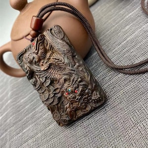 Handcrafted Wooden Ancient Beast Pendant, Mythical Creature Carving Necklace, Primitive Tribal Totem Jewelry Gift for Him or Her
