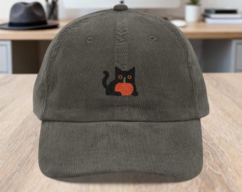 Embroidered Corduroy Cap, Black Cat Hat, Kitty Lover Gift