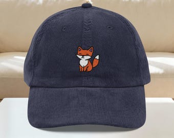 Cap, Vintage Corduroy Fox Embroidered Hat, Animal Lover Gift