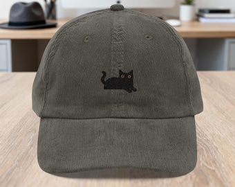 Embroidered Vintage Corduroy Cap, Black Cat Design
