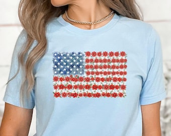Floral American Flag Shirt, Patriotic Flower T-Shirt, 4th of July Floral Tee, Red Poppy Flag Shirt, Women's Independence Day Gift