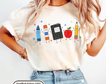 Funny Teacher Life Shirt, Back To School Boxy Tee, Preschool Teacher Gift, School Supplies T-Shirt, Crayon Apple Pencil Notebook Youth Shirt
