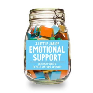 May include: A glass jar filled with colorful paper notes, with a blue label that reads "A Little Jar of Emotional Support 100 Daily Notes To Help On Your Journey".