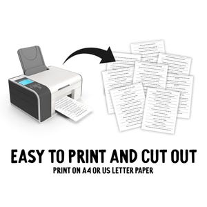 Puede incluir: Una impresora en blanco y negro con una pila de papel blanco saliendo de la bandeja de papel. El papel tiene texto negro. Una flecha apunta al papel. El texto debajo de la imagen dice "F&Aacute;CIL DE IMPRIMIR Y RECORTAR IMPRIMIR EN A4 O PAPEL CARTA DE EE. UU.".