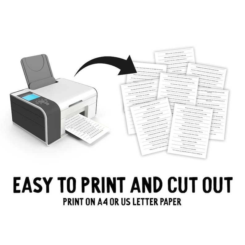 Puede incluir: Una impresora en blanco y negro con una pila de papel blanco saliendo de la bandeja de papel. El papel tiene texto negro. Una flecha apunta al papel. El texto debajo de la imagen dice "F&Aacute;CIL DE IMPRIMIR Y RECORTAR IMPRIMIR EN A4 O PAPEL CARTA DE EE. UU.".