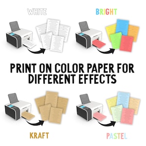 Puede incluir: Ilustraci&oacute;n que muestra una impresora imprimiendo en papel de diferentes colores. Los colores del papel son blanco, brillante, kraft y pastel. El texto dice "Imprime en papel de color para diferentes efectos."