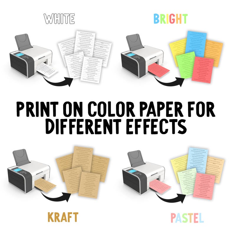 Puede incluir: Ilustraci&oacute;n que muestra una impresora imprimiendo en papel de diferentes colores. Los colores del papel son blanco, brillante, kraft y pastel. El texto dice "Imprime en papel de color para diferentes efectos."