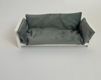 Sofá gris moderno de 30 cm para muñecas, sofá miniatura para casa de muñecas, sofá pequeño para muñecas, sofá hecho a mano, juguetes realistas para casa de muñecas.