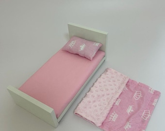 Handmade Doll Bed with Pink Crown Bedding, Doll Bed Set, Pink Bedding for 11.8 inches Doll, Eco Doll Furniture, Custom Doll Bed