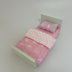 White Wooden Doll Bed with Pink Crown Bedding, Doll Bed with Cotton Bedding, Pink Bedding for 11.8 inches Doll, Eco Doll Furniture
