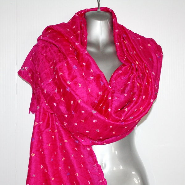 Vintage Tie Dye Silk Shawl Wrap Indian Dupatta Hot Pink Fuchsia Fabric 43" x 94