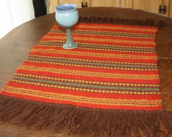 Scandinavian Hand Woven Table Runner Wool Burnt Orange Green Gold Brown