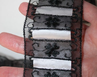 Sheer Black Embroidered Wide Ribbon Insert Lace with Lavender Ribbon 2" Wide 2 Yards