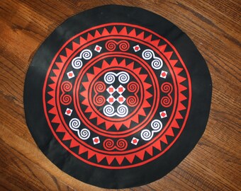 Ethnic Appliqued Doily Table Mat Vintage Handmade Red Black White Cotton 20"