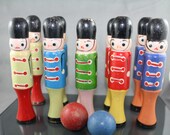 Antique Wood Skittles Toy Soldiers Bowling Set 10 Pins 2 Balls