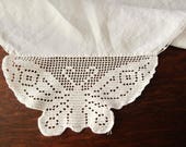 Linen Tablecloth Crocheted Butterflies Corners Vintage White 34 quot Square
