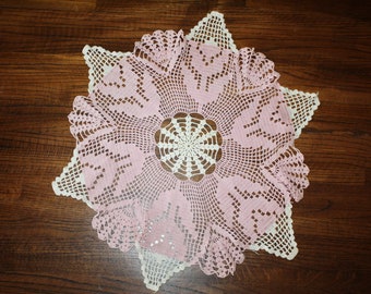 Table Topper Centerpiece Doily Large Crocheted Pink and White Tulips 27"