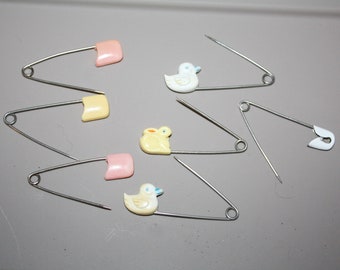 8 Vintage Diaper Pins Baby Safety Pins Ducks Bunny Pink Yellow 1950s 1960s Baby Shower Gift for Mother Nursery