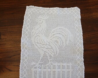 Crocheted Wall Hanging or Table Runner with Rooster Vintage White