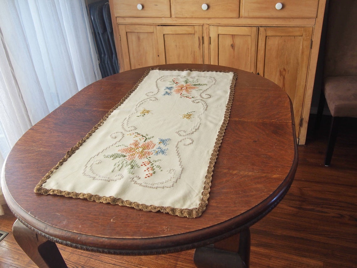 Antique Table Runner Hand Woven Wool Counted Cross Stitch Etsy