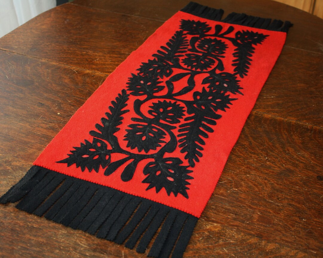 Hungarian Felt Table Runner Red Black Applique Vintage Ethnic Etsy